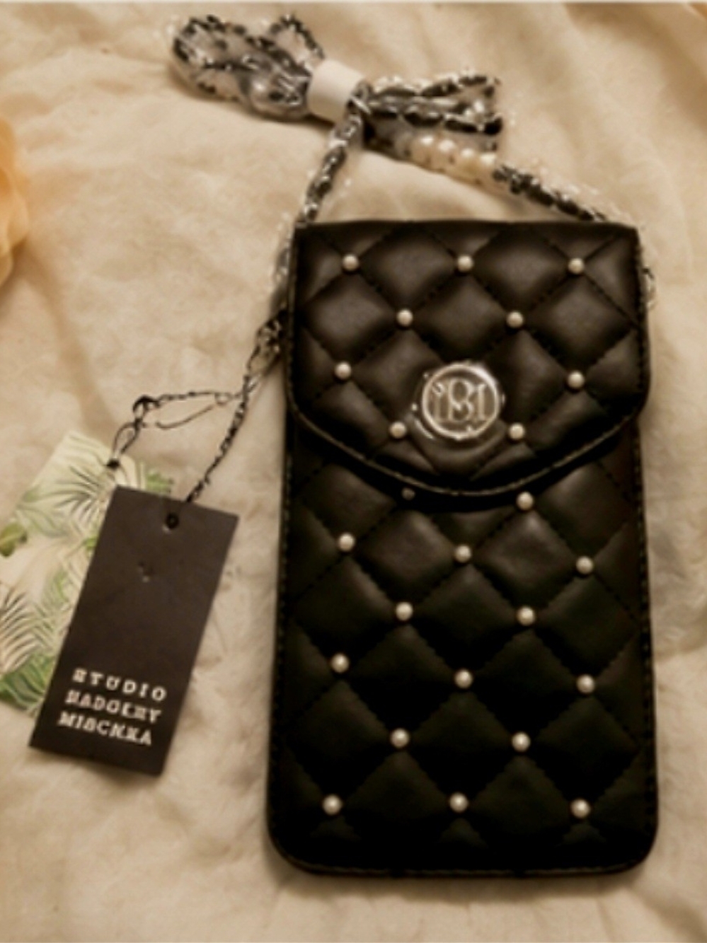Badgley Mischka Pearl Strap Phone Case With Diamond Quilting & Pearls